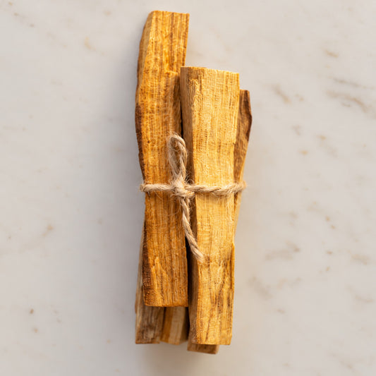 Feixe de paus de palo santo natural atados com cordel sobre fundo neutro