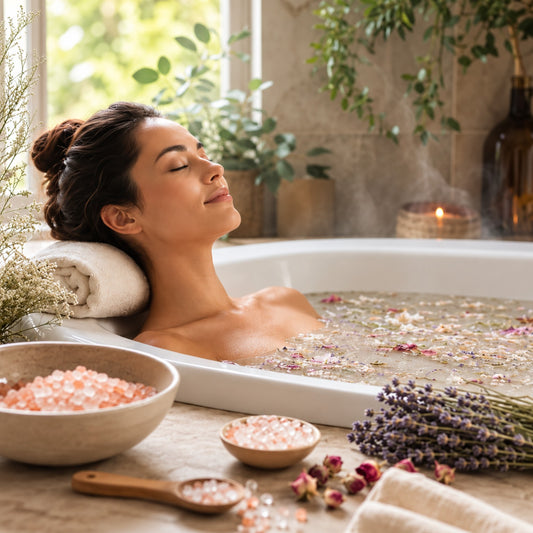 Mulher a desfrutar de um banho relaxante com sais e flores