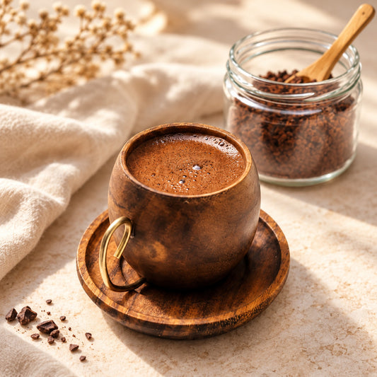 Taça de cacau cerimonial quente com frasco de nibs de cacau em ambiente natural