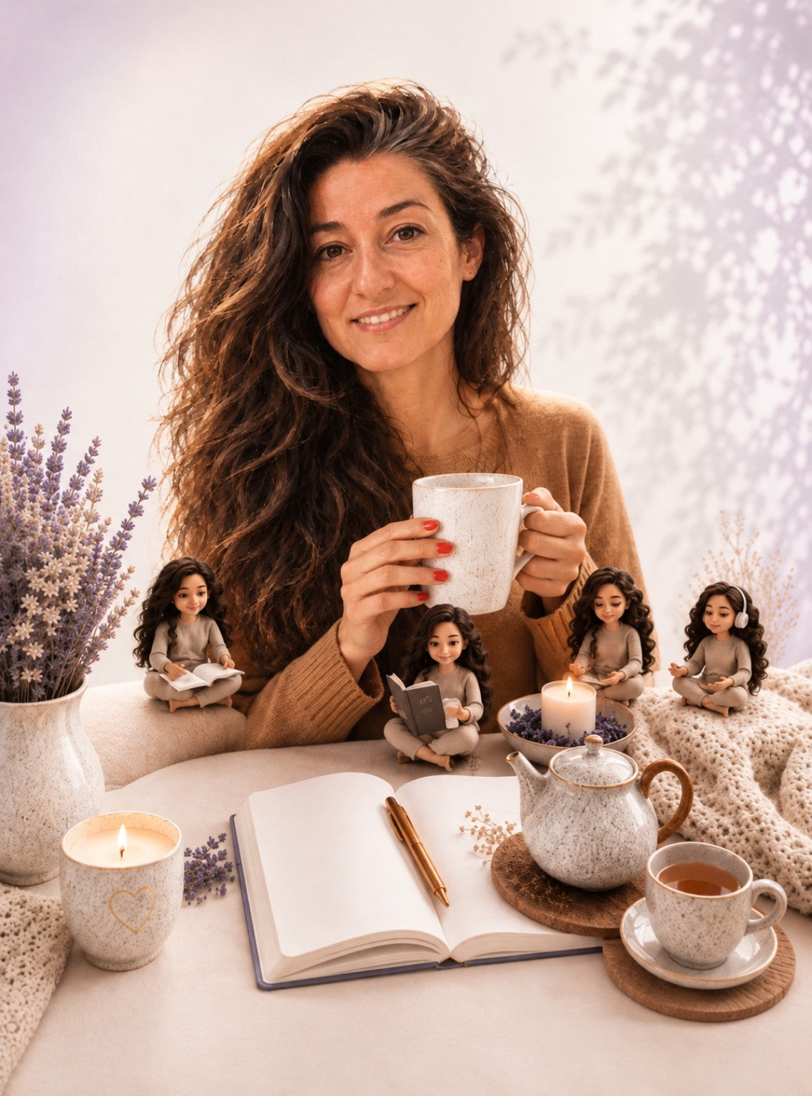 Célia, fundadora da HoliZen, num ambiente acolhedor com chá, diário e elementos de bem-estar, representando as pausas conscientes e a criatividade.