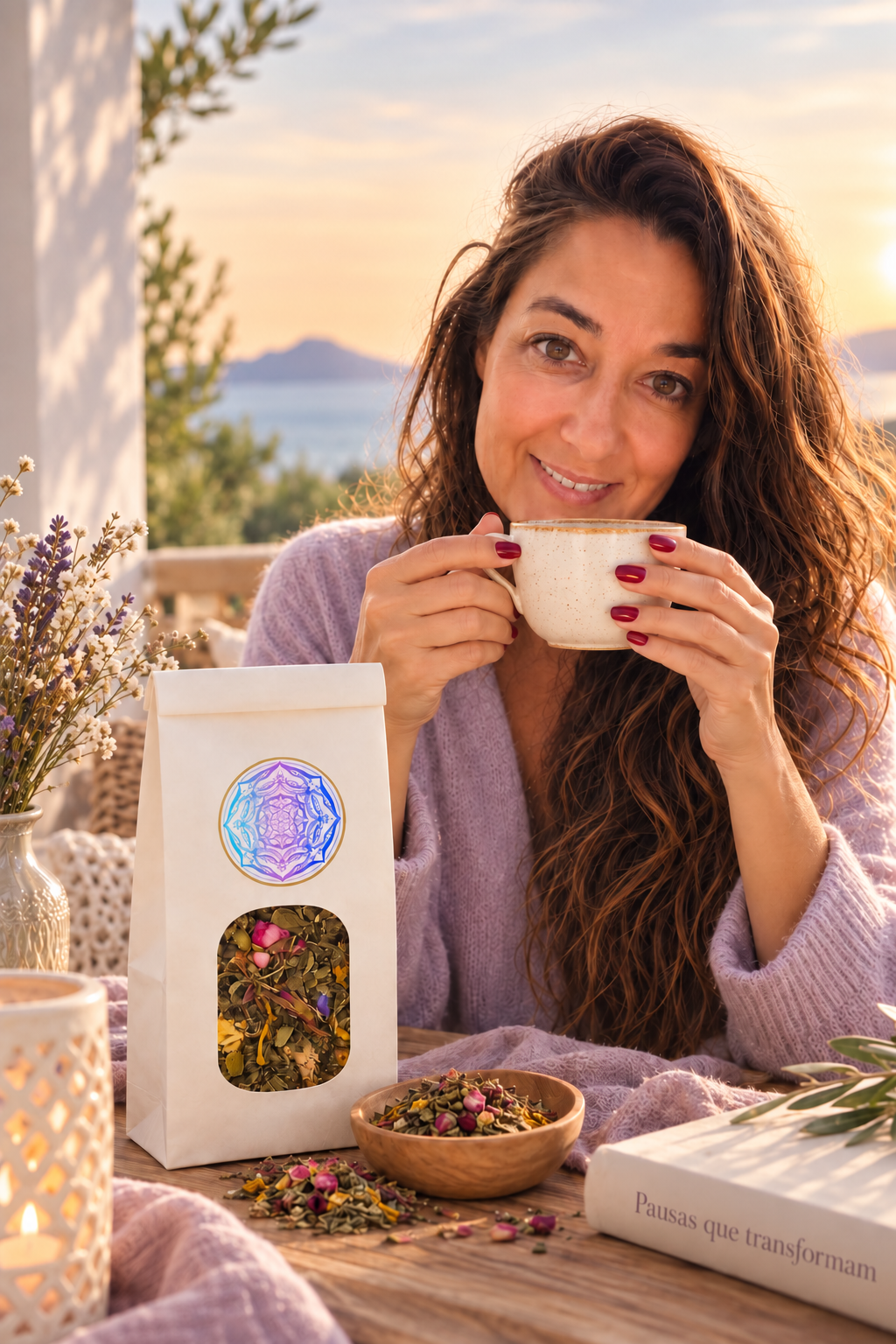 Célia a beber uma chávena de chá, com uma embalagem de infusão HoliZen ao pôr do sol.