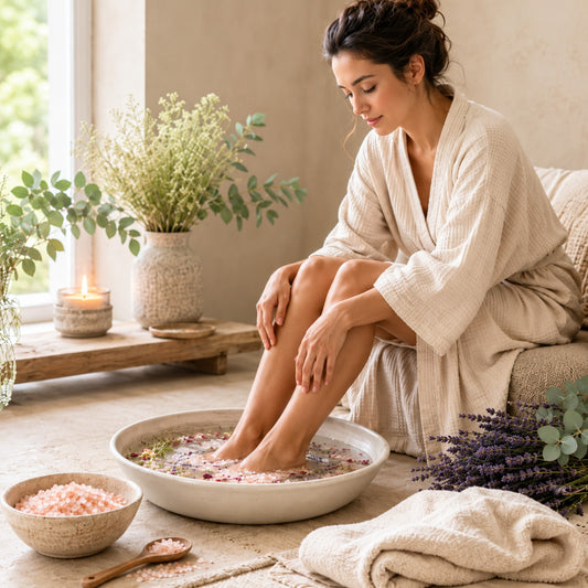 Mulher a relaxar os pés num banho com sais de banho e flores