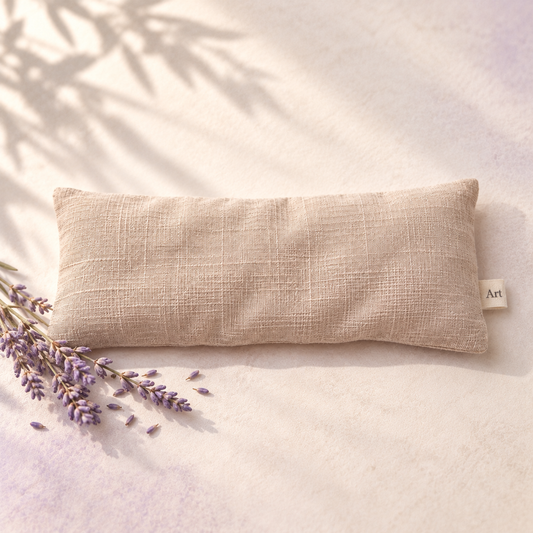 Almofada de olhos HoliZen em linho natural com ramo de lavanda e enchimento maleável de linhaça e lavanda