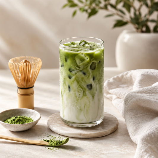 Matcha latte gelado preparado com matcha cerimonial japonês, leite e gelo, servido com batedor de bambu.
