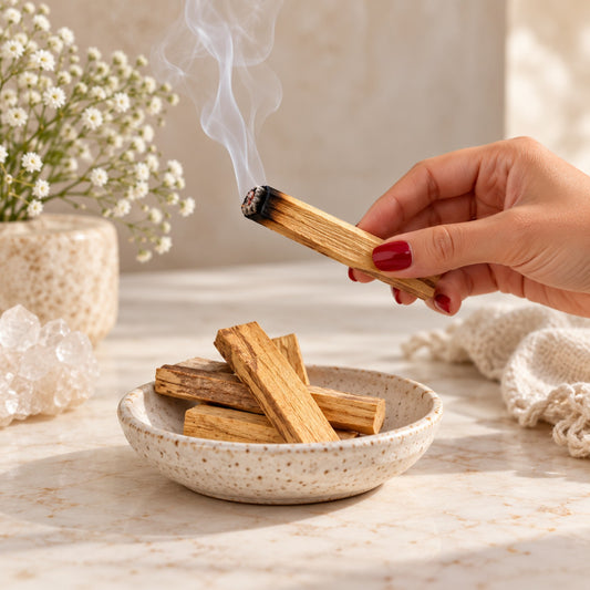 Mão a segurar um pau de palo santo aceso com fumo suave numa composição natural